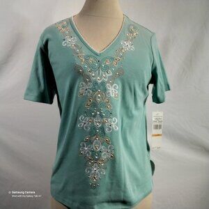 Alfred Dunner Petite Small Desert Oasis Seafoam Embroidered Embellished Top NWT